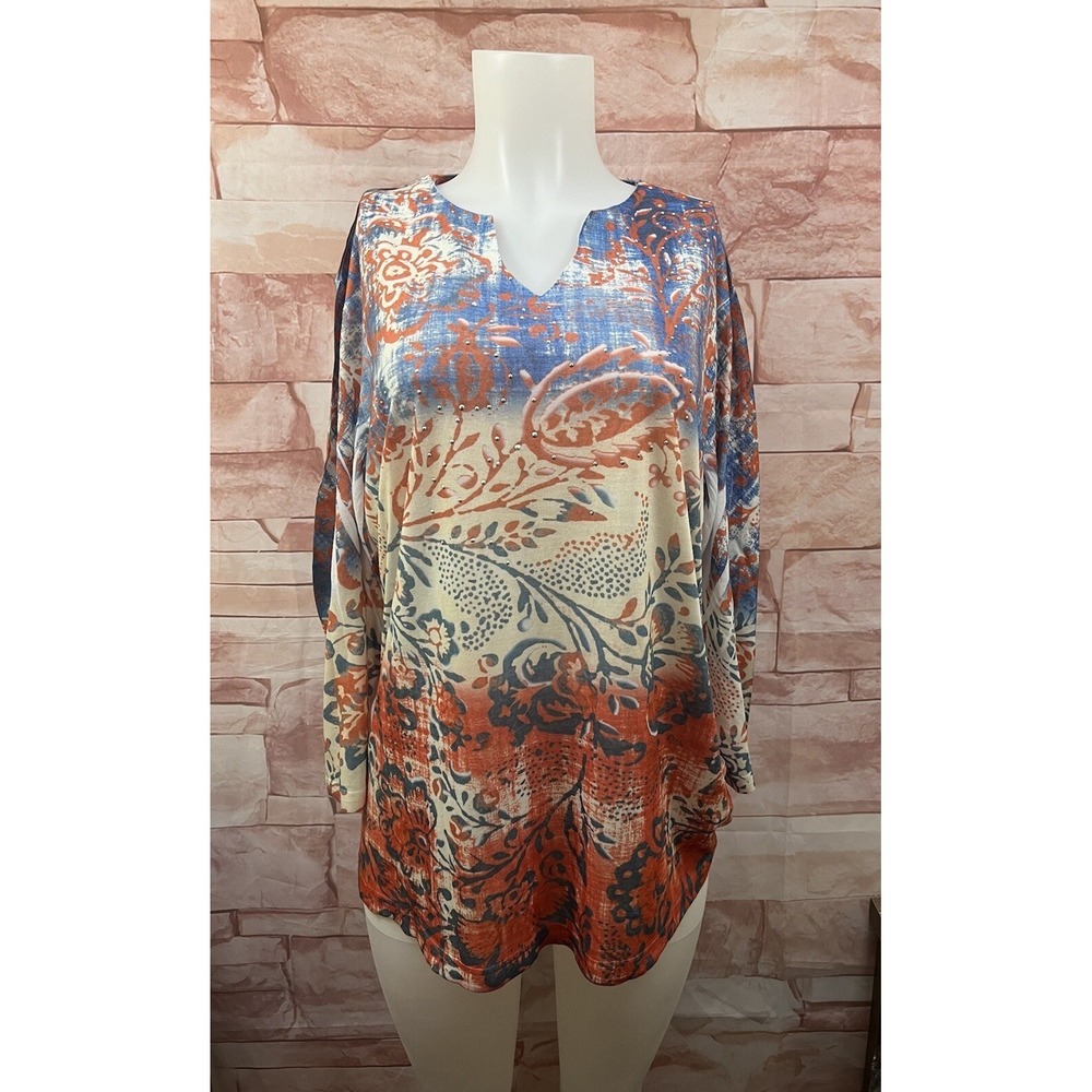 Morning Sun Top Blouse Floral Blue Beige‎  Size 2XL